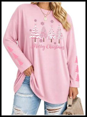 Plus Size Christmas Shirt Long Sleeve Xmas Tree Graphic Top